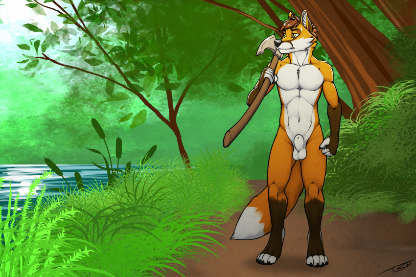 axe balls canine forest fox male_only mammal melee_weapon nude red_fox sheath solo tree tsaiwolf weapon werefox