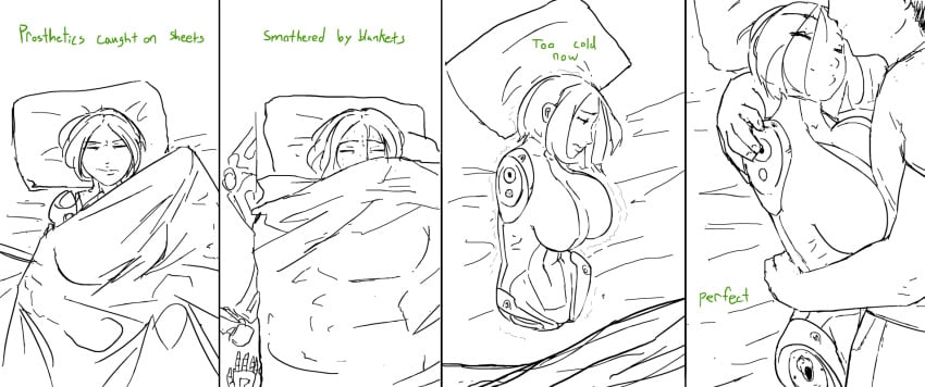 1girls aka6 amputee armless bed big_breasts breasts cold cuddling cute english_text female human human_female legless limbless male mec_(x-com) monochrome pillow quadruple_amputee shaking sheet shivering sleeping smile straight text wholesome x-com xcom_enemy_unknown xcom_enemy_within