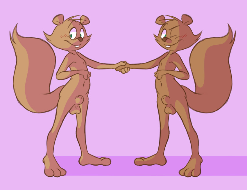 anthro balls blush brothers buckteeth duo feet green_eyes grin hand_holding ladysomnambule male mammal nude one_eye_closed paws rodent sheath sibling smile squirrel teeth twins wink yaoi