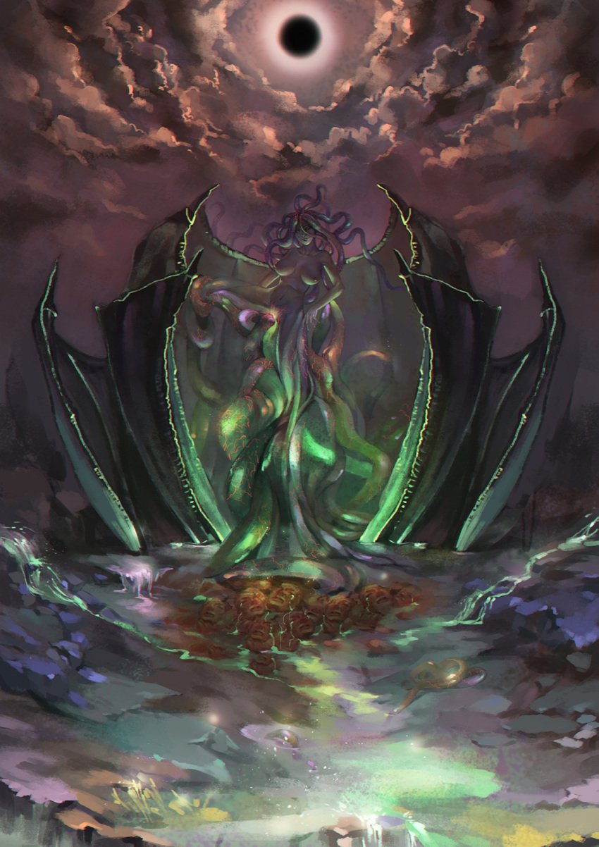 1girls aruolrn bat_wings berserk breasts demon_girl eclipse female green_hair highres humanoid large_breasts long_hair looking_at_viewer monster_girl navel nude red_eyes slan solo tentacle tentacle_hair villainess white_skin wings