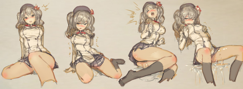 black_panties blush breasts closed_eyes epaulettes female gloves grey_eyes hat highres hjl kantai_collection kashima_(kantai_collection) large_breasts looking_at_viewer military military_uniform miniskirt open_mouth panties pussy_juice pussy_juice_puddle silver_hair sitting skirt solo tears tied_hair trembling twintails underwear uniform wavy_hair