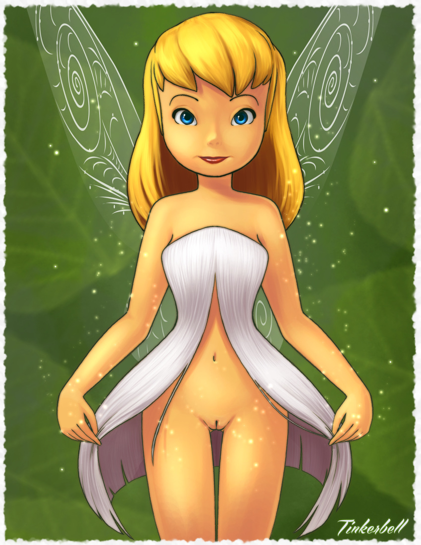 1girls 2d 2d_(artwork) blonde_hair blue_eyes bottomless clothed clothing disney disney_fairies dress fairy female female_only hair hair_down half-closed_eyes half-dressed humanoid insect_wings inviting joe_randel looking_at_viewer open_dress peter_pan_(disney) pixie_dust png presenting pussy short_hair smile solo solo_female standing text tinker_bell vagina wings