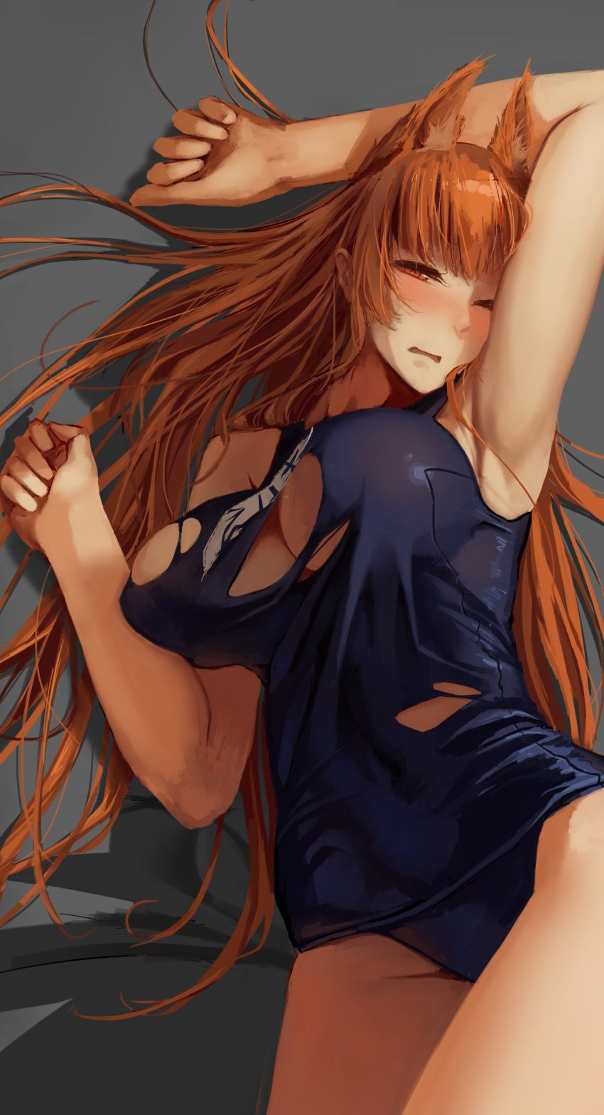 absurdres animal_ears arm_behind_head armpits blush breasts brown_hair cat_ears cat_planet_cuties eris_(cat_planet_cuties) female highres large_breasts long_hair lying noccu red_eyes school_swimsuit solo swimsuit torn_clothes torn_swimsuit wince