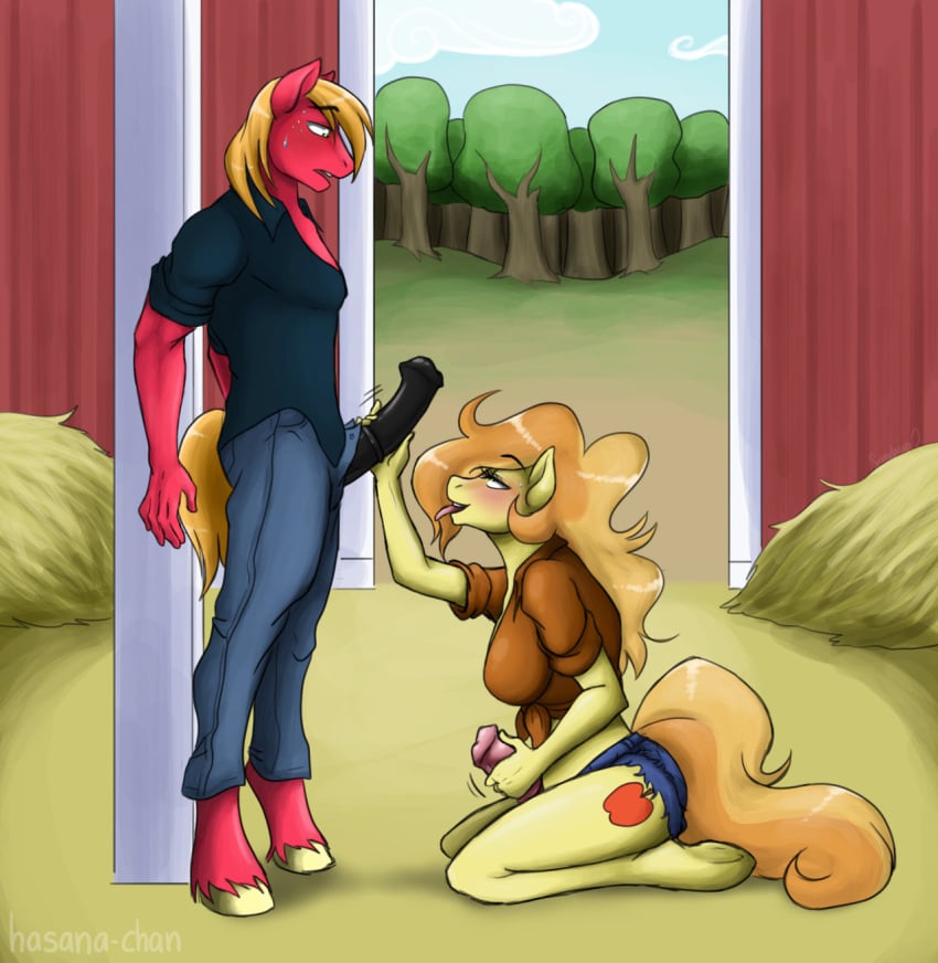 2015 animal_genitalia anthro anthrofied big_macintosh_(mlp) blonde_hair blush braeburn_(mlp) clothing couple cutie_mark dickgirl dickgirl/male duo equine erection friendship_is_magic hair hasana-chan horse horsecock incest intersex intersex/male kneeling long_hair male mammal masturbation my_little_pony penis pony sweat