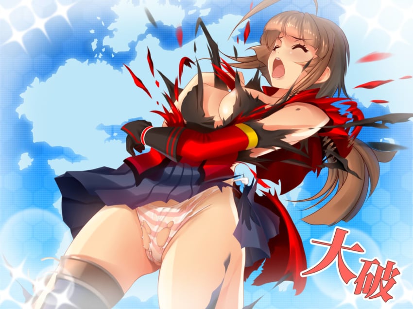 ahoge aoi_mug arched_back ass_visible_through_thighs blush circa_(monster_hunter) closed_eyes clothes female hand_on_own_chest hime_cut long_hair open_mouth panties skirt solo thighhighs torn torn_clothes torn_panties torn_skirt underwear zettai_ryouiki