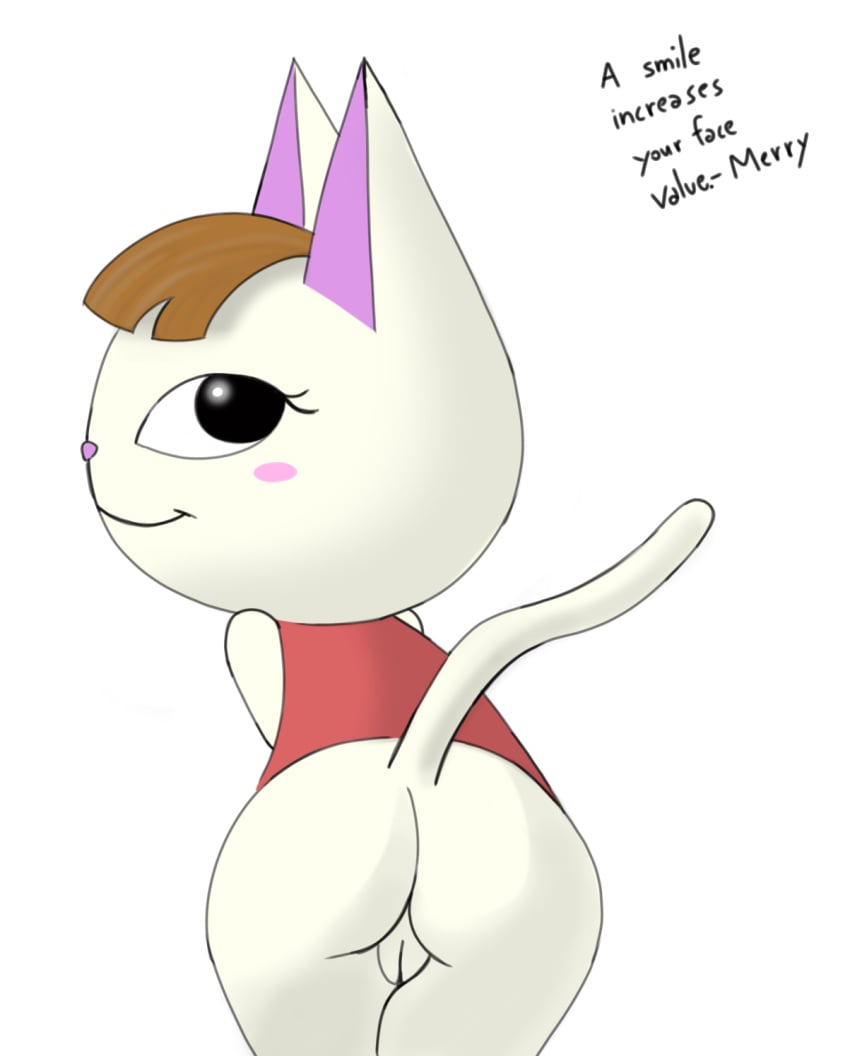 animal_crossing anthro ass bottomless brown_hair clothed clothing cute emoanimalcrossling english_text feline female female_only fur hair half-dressed hi_res looking_at_viewer looking_back mammal merry_(animal_crossing) nintendo pussy rear_view simple_background solo text video_games white_background white_fur