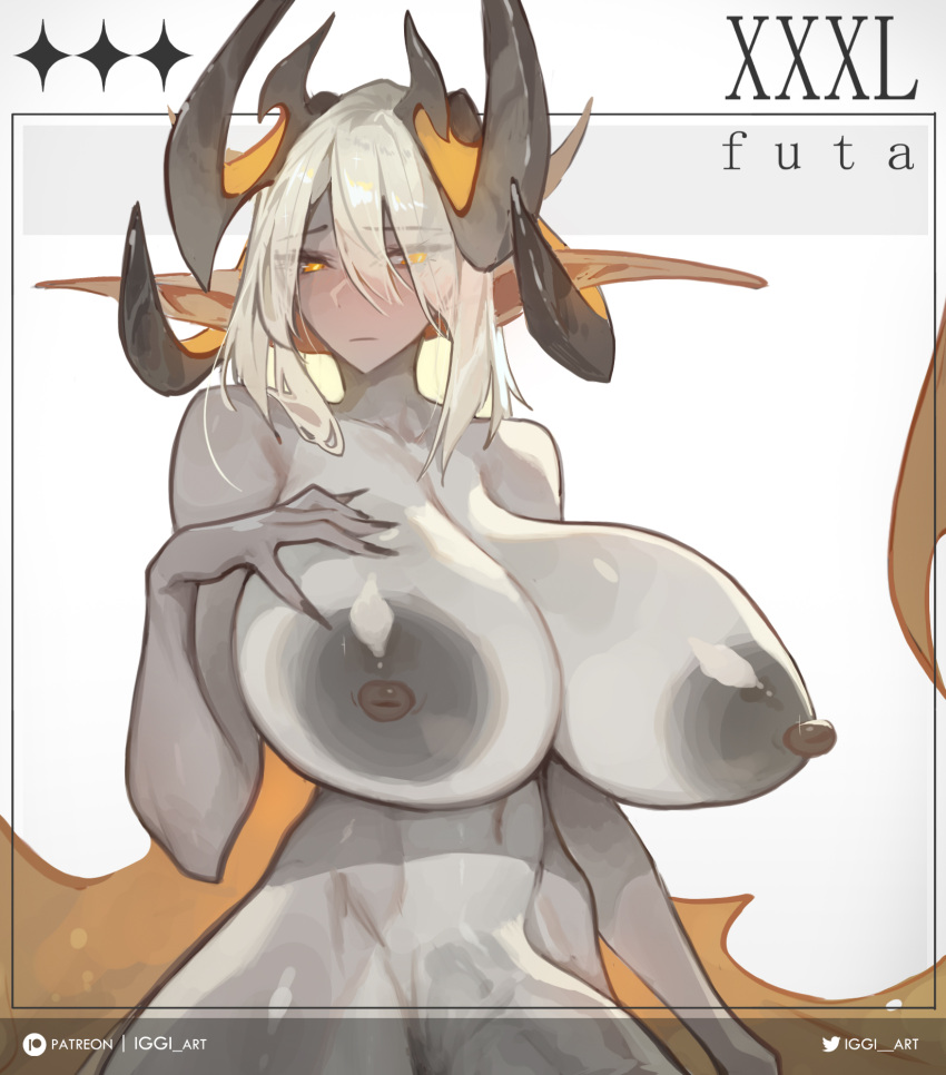 1futa areolae barely_visible_genitalia barely_visible_penis big_breasts breasts flaccid futa_only futanari grey_skin horns huge_breasts huge_cock humanoid humanoid_penis iggi_art long_hair nipples nude penis pointy_ears solo standing upper_body white_hair