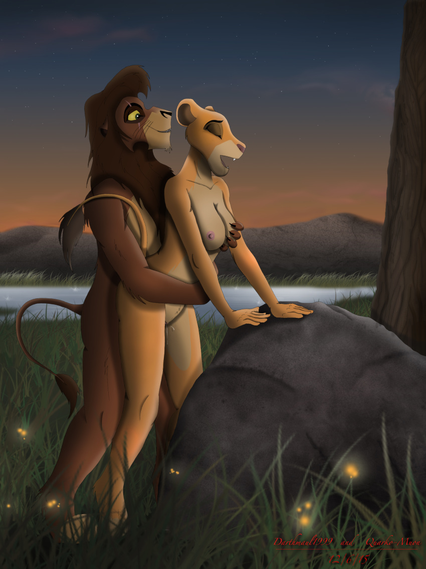 2015 anthro breast_grab breasts collaboration cum darthmaul1999 disney feline female firefly hand_on_breast kiara kovu lake lion love male mammal nipples quarko-muon sex sunset the_lion_king tree