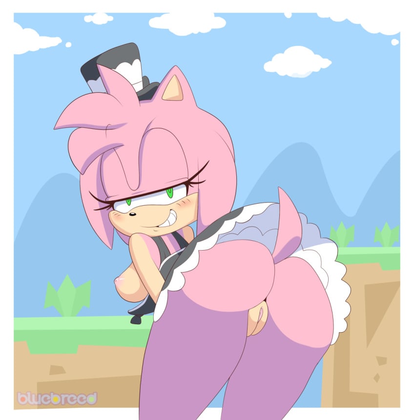 10s 2015 amy_rose anthro areola ass big_breasts big_butt bluebreed breasts erect_nipples female female_only fur furry furry_only goth gothic_lolita hedgehog hi_res looking_at_viewer looking_back mammal nipples partially_clothed pink_hair pussy smile solo sonic_(series) sonic_runners tail