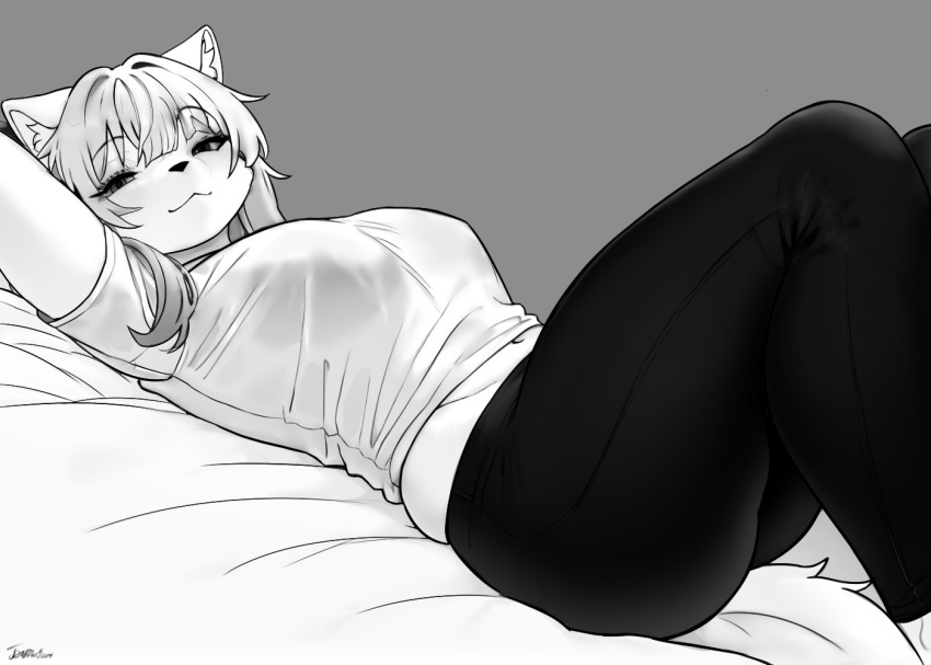 animal_ears anthro bayushkit bed black_and_white blanket breasts eyelashes fox_ears fur furry furry_female hand_behind_head jpeg jpg knees_up laying_down laying_on_bed leggings looking_at_viewer lying lying_on_back navel shirt solo t-shirt tight_pants white_shirt