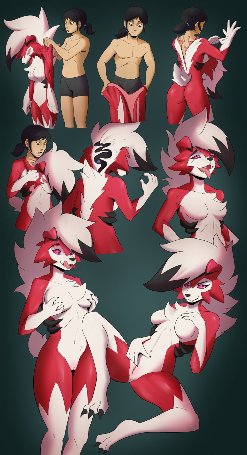 2024 absurd_res animate_inanimate anthro ass biped black_highlights blush breasts chest_tuft clothed clothing colored countershading dsaprox featureless_breasts female female_anthro fondling fur furry gender_transformation generation_7_pokemon genitals gloves_(marking) goo_suit hair hi_res highlights_(coloring) human human_to_anthro hypnosis innie_pussy leg_markings legs_together licking licking_lips licking_own_lips living_clothing looking_at_viewer lycanroc male male_human mammal markings medium_breasts midnight_lycanroc mind_control mtf_transformation nintendo nude open_mouth pokemon pokemon_(species) ponytail pussy red_body self_fondle self_lick simple_background sitting sitting_on_ground smile socks_(marking) solo species_transformation spread_legs spreading standing suit_transformation tail tentacle_suit tongue tongue_out transformation transformation_sequence tuft underwear underwear_only white_body white_hair