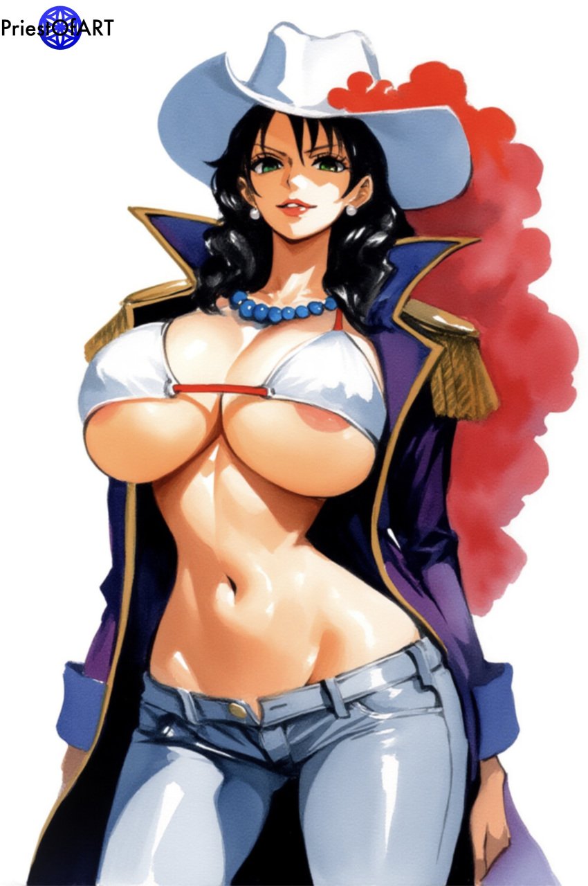 1girls ai_generated alvida areola_slip big_breasts bikini_top black_hair breasts busty cape clothing color curvy curvy_female curvy_figure female female_only hat huge_breasts lowleg_pants one_piece priestofart simple_background solo solo_female solo_focus tagme tagme_(artist) thick_thighs watercolor watermark wide_hips