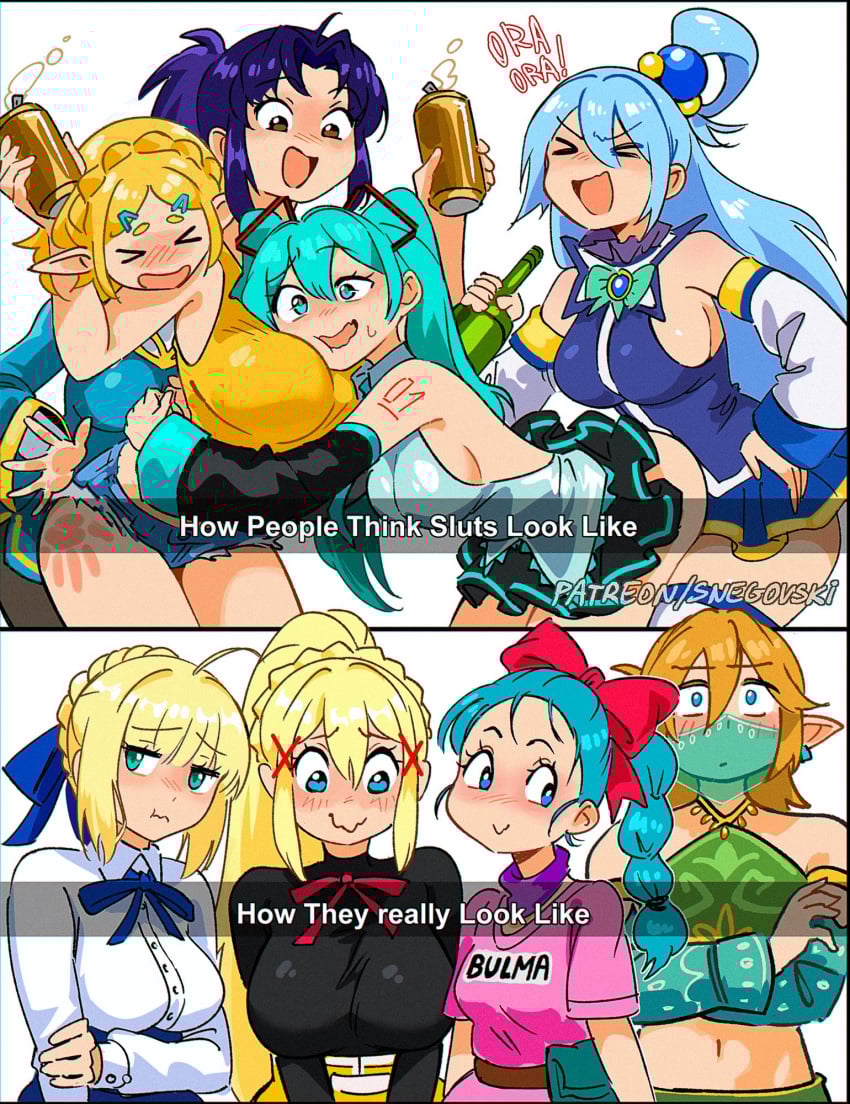 1boy 7girls alcohol alcoholic_drink aqua_(konosuba) artoria_pendragon asian asian_female athletic athletic_female beer beer_can big_ass big_breasts blonde_hair blue_eyes blue_hair blush blush_lines blushing braided_hair breast_press brown_eyes bulma_briefs clothed crossdressing crossed_arms crossover darkness_(konosuba) denim_shorts dragon_ball dragon_ball_z drunk earrings elf elf_ears elf_female elf_girl embarrassed english_text european european_female fate/grand_order fate_(series) female femboy funny gerudo_link glass_bottle green_eyes happy hatsune_miku hug huge_breasts hugging hylian hylian_ears japanese_female kono_subarashii_sekai_ni_shukufuku_wo! konosuba large_breasts light-skinned_female light-skinned_male light_skin link link_(breath_of_the_wild) long_hair looking_away looking_down male medium_breasts medium_hair meme midriff minishorts miniskirt misato_katsuragi multiple_girls neon_genesis_evangelion nervous nervous_smile open_mouth ponytail princess_zelda purple_hair saber short_hair simple_background size_difference skirt sluts small_breasts smile smiling snegovski spank_marks spanking sweat sweatdrop sweating tattoo text the_legend_of_zelda the_legend_of_zelda:_breath_of_the_wild the_legend_of_zelda:_tears_of_the_kingdom thick_thighs tight_clothing tomboy toned toned_female twintails video_games vocaloid voluptuous voluptuous_female white_background wide_hips