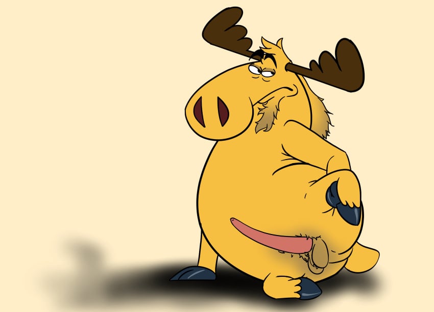 absurd_res anthro antlers anus aroused ass back_hair balls beard bob-jiggles body_hair brown_background deer dwayne_(numb_chucks) erection facial_hair fur genitals hair half-closed_eyes hand_on_leg hi_res hooves horn leaning leaning_on_self looking_aside lying male mammal moose narrowed_eyes new_world_deer numb_chucks on_side penis presenting raised_leg shadow short_tail simple_background slit_penis solo spread_legs spreading tail yellow_body yellow_fur