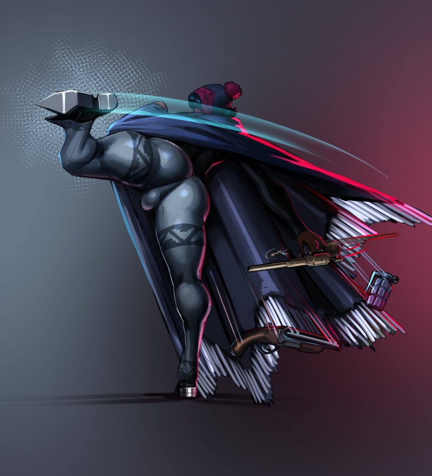 1boy ass ass_focus ass_visible_through_thighs axred7 beanie bulge bulge_through_clothing dark-skinned_male dark_skin face_not_visible flexible grenade guns kick kicking male male_only muscular muscular_legs peruvian peruvian_male pom_pom_beanie poncho rear_view solo solo_male thighs weapon weapons