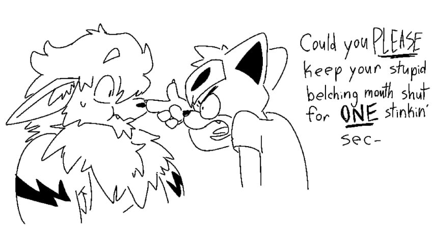 anthro arcanine burp canid canine closed_mouth facial_tuft fangs fluffy head_tuft houndour kibblekritterz_(artist) larger_male long_ears male oerba_yun_fang open_mouth pointing pointing_at_another pokemon size_difference smaller_male t-shirt talking_to_another tank_top