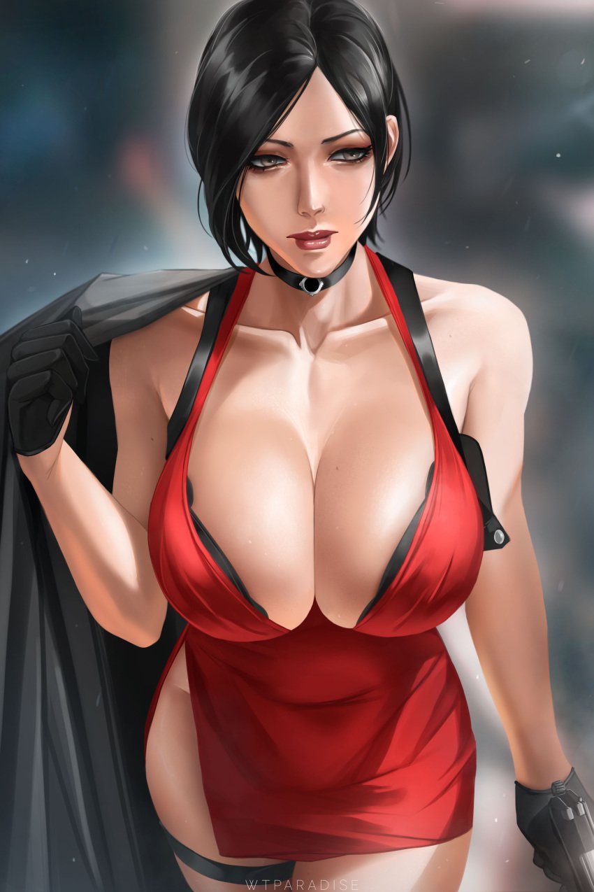 1girl absurdres ada_wong artist_name bare_shoulders black_bra black_choker black_gloves black_hair blurry blurry_background bra breasts brown_eyes choker cleavage closed_mouth collarbone commentary dress english_commentary female from_above gloves gun half_gloves handgun highres holding holding_gun holding_jacket holding_unworn_clothes holding_weapon holster jacket large_breasts parted_bangs red_dress red_lips resident_evil short_dress short_hair shoulder_holster side_slit solo strapless strapless_dress thigh_strap underwear unworn_jacket weapon wtparadise
