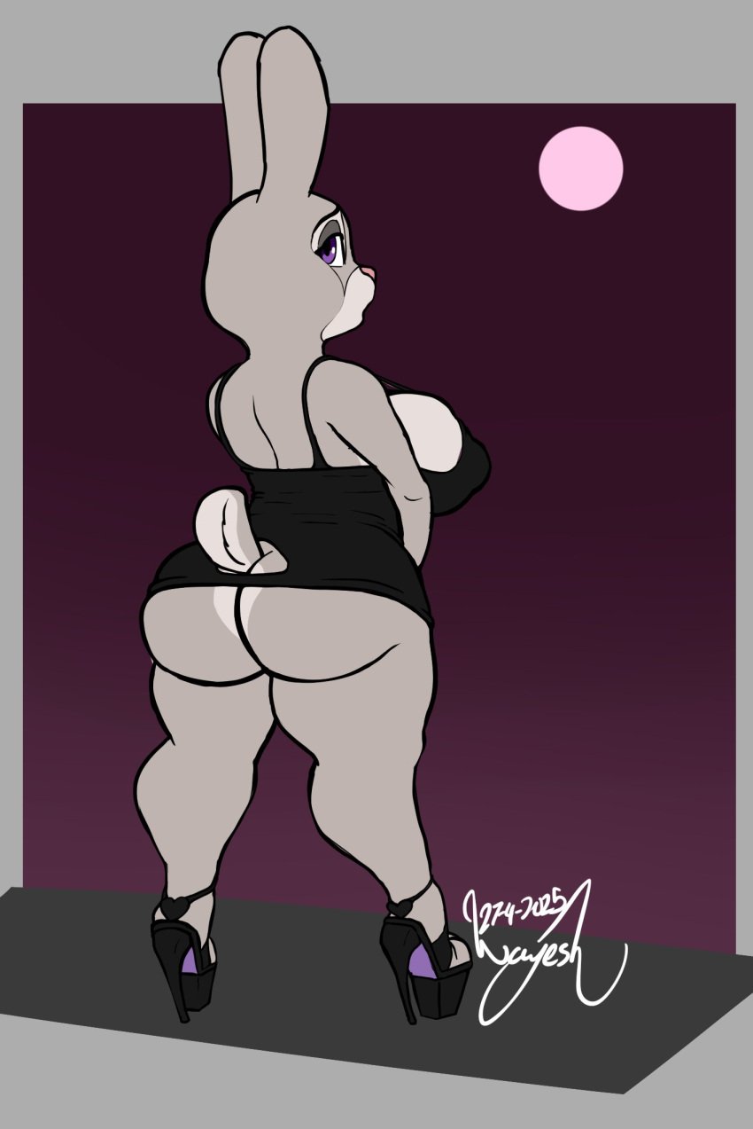 1girls animal_ears animal_tail anthro ass backboob big_ass big_breasts black_dress bonnie_hopps breasts bunny_ears bunny_tail clothing dress female female_only footwear full_body grey_body grey_skin heels high_heels huge_ass huge_breasts lagomorph looking_back mature mature_female mature_woman milf mother platform_heels purple_eyes short_dress solo solo_female tail wayesh zootopia