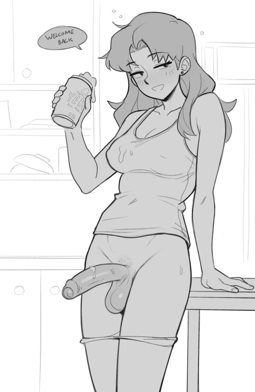 1futa balls beer beer_can big_breasts big_penis black_and_white blush bottomless breasts clothed clothing collarbone drinking_alcohol dross drunk drunk_bubble ear_piercing earrings english english_dialogue english_text erection eyebrows_visible_through_hair foreskin futa_only futanari holding_beer human intersex kitchen kitchen_counter long_hair looking_at_viewer medium_hair misato_katsuragi monochrome neon_genesis_evangelion nipples_visible_through_clothing only_futa panties panties_around_thighs panties_down partially_clothed partially_retracted_foreskin penis practically_nude pubic_stubble retracted_foreskin sketch solo solo_futa speaking_to_viewer standing table tagme tank_top tanktop uncircumcised uncut yebisu