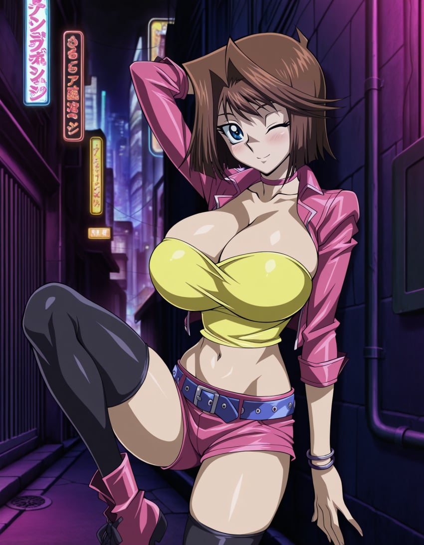 1girl ai_generated alley alleyway anzu_mazaki bellybutton belt blue_eyes boots bracelet brown_hair choker city cityscape cleavage curvy curvy_figure female female_focus female_only hi_res huge_breasts neon_lights night outdoors pink_jacket pink_shorts sexy sexy_pose shoes shorts tea_gardner thick_thighs thighhighs tube_top tubetop voluptuous voluptuous_female wall yu-gi-oh! yu-gi-oh!_duel_monsters yu-gi-oh!_the_dark_side_of_dimensions