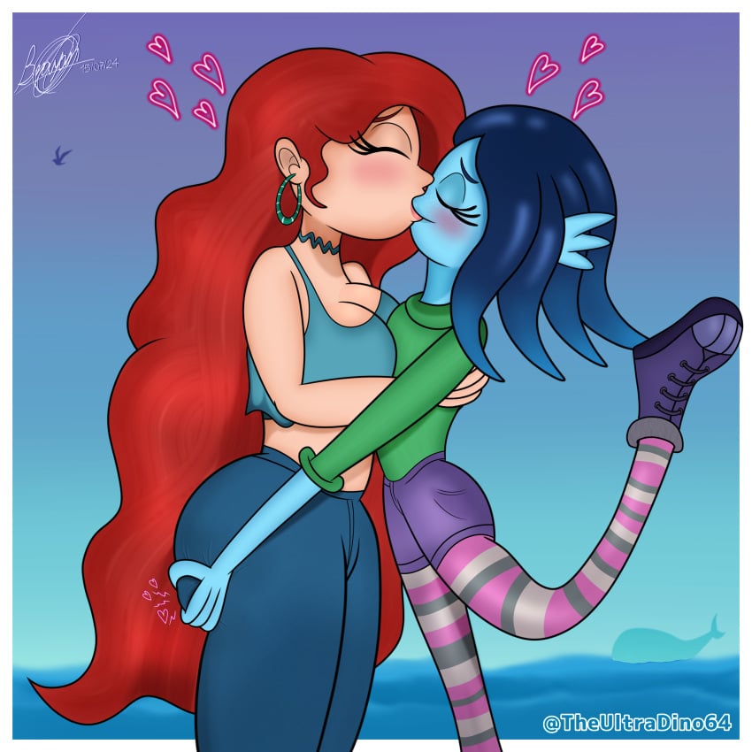 ass_grab big_breasts boots breasts chelsea_(ruby_gillman) chelsea_van_der_zee dreamworks dreamworks_animation female fish_hair_ornament hug jean_shorts jeans kissing kraken lesbian_kiss mermaid ruby_gillman ruby_gillman,_teenage_kraken socks theultradino64 touching_ass yuri
