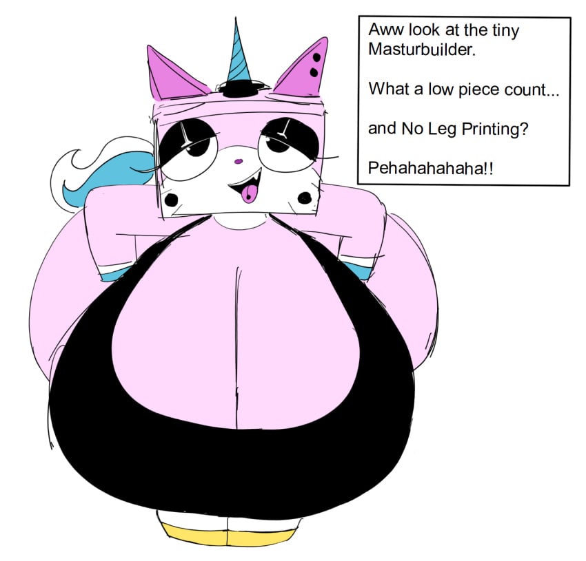 2d allagainstyou anthro breasts ear_piercing feline female furry horn huge_ass huge_breasts hybrid lego piercing sharp_teeth text_box the_lego_movie tongue_out tongue_piercing unicorn unikitty