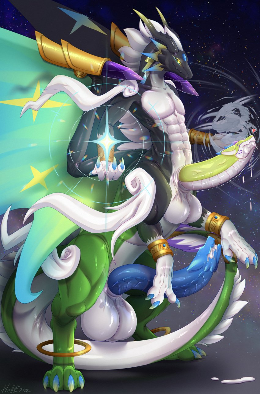 absurd_res anthro balls black_body blue_penis bodily_fluids claws crystal cum erection fur gem genital_fluids genitals gold_(metal) gold_jewelry green_body green_penis hellezra hi_res horn hybrid imierr jewelry latex latex_creature living_latex male mythological_creature mythology nude penis simple_background solo tail taur white_body white_fur wings yellow_eyes