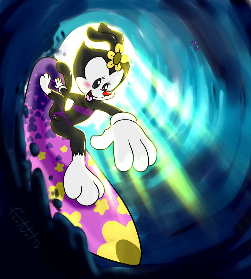 abstract animaniacs backlit black_fur blush clothing dot_warner female flower fur furnut gloves hair_flower hi_res mammal partial_nudity perspective plant pussy smile solo surfboard surfing swimsuit warner_brothers water wave wet