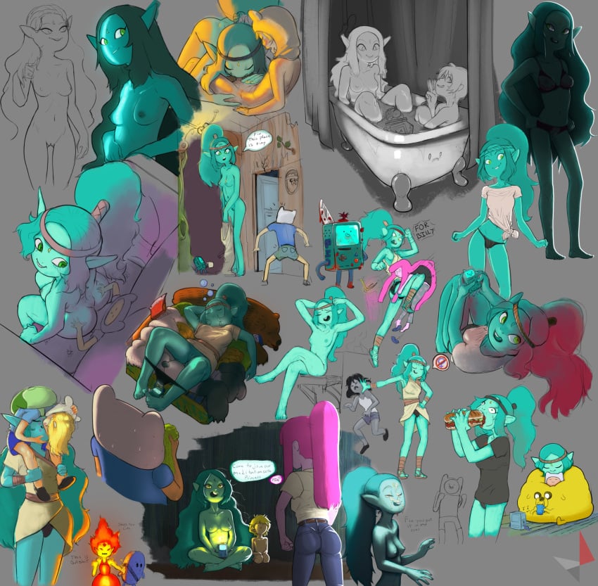 2015 adventure_time anthro blood blue_hair blue_skin bmo breasts canyon_(adventure_time) cartoon_network cinnamon_bun clothing cum d-rock drockdraw female finn_the_human flame_princess giantess green_eyes hi_res jake_the_dog larger_female male marceline nipples nude penis princess_bubblegum pussy sex size_difference