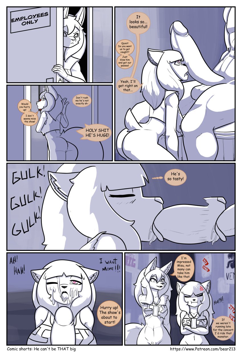 absurd_res bear bear213 bewear big_penis black_and_white bodily_fluids bottomless canid canine clothed clothing comic crop_top cum deer dimond(bear213) fellatio female fox generation_7_pokemon genital_fluids genitals hi_res inside kuma_grizzly male mammal marie(misuzugon) monochrome nintendo oral penile penis pokemon pokemon_(species) sex shirt size_difference swallowing topwear