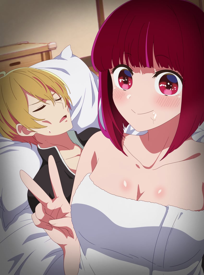 1boy absurdres after_sex alternate_breast_size arima_kana artist_name blonde_hair blunt_bangs blush bob_cut breasts cleavage closed_eyes closed_mouth collarbone commentary_request crossed_bangs cum cum_on_body emaciated eufoniuz exhausted eyelashes eyes_visible_through_hair facial female guy_tired_after_sex_(meme) hair_between_eyes head_on_pillow highres hoshino_aquamarine implied_after_fellatio indoors large_breasts looking_at_viewer lying medium_hair meme naked_towel on_back on_bed open_mouth oshi_no_ko patreon_username pillow red_eyes red_hair revision selfie shiny_skin short_hair smile split_mouth straight straight_hair stray_pubic_hair sunken_cheeks sweatdrop towel unconscious v wide-eyed