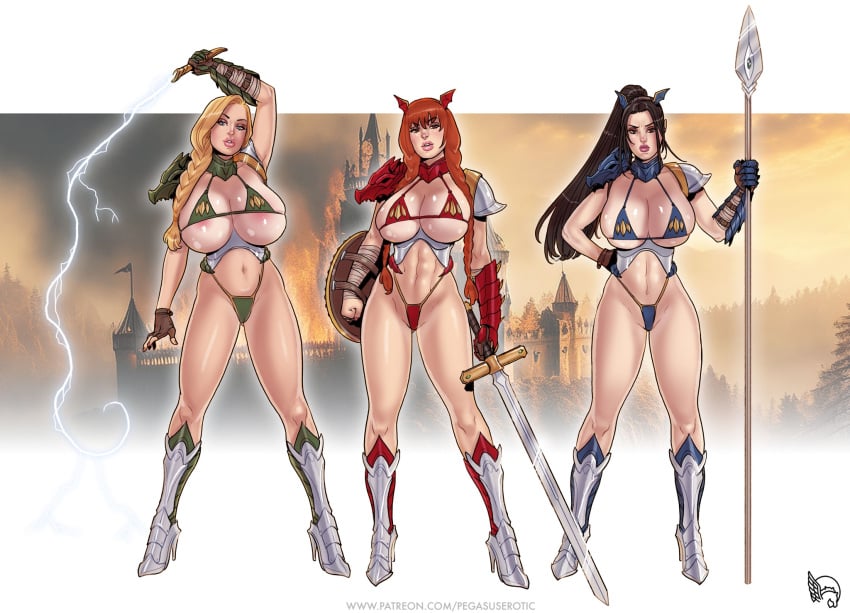 abs areola_slip bikini_armor black_hair blonde_hair blue_eyes fanart hi_res high_heels huge_breasts huracan_(artist) inja_no_kuruwa looking_at_viewer makeikusa_onna_senshitachi_no_haiboku_no_ryoujoku pegasus_(artist) red_eyes shield spear sword thick_thighs whip
