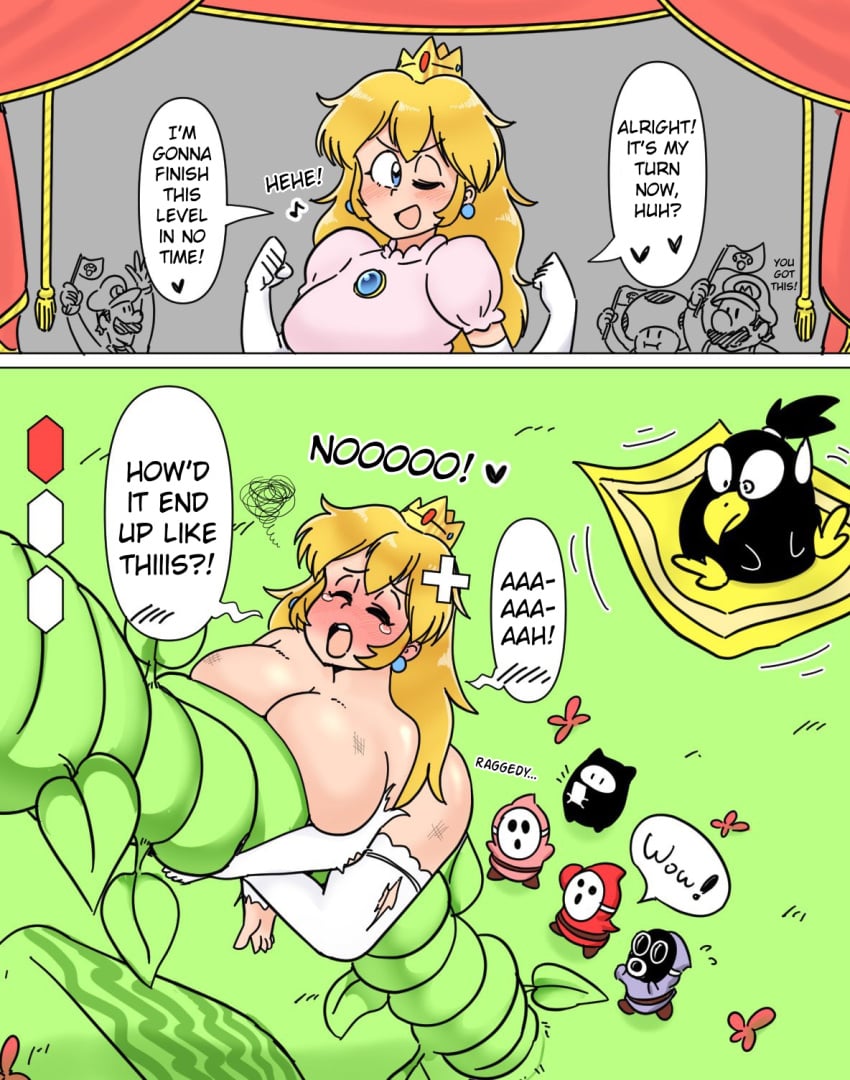 arm_gloves beanstalk before_and_after big_breasts blue_eyes blush breasts comic crown crying defeat defeated defeated_heroine earrings embarrassed embarrassed_nude_female enf english_text feet female female_focus gloves holding_object instant_loss instant_loss_2koma light-skinned_female light_skin luigi male mario mario_(series) ninji_(mario) onomatopoeia pidgit princess princess_peach ripped_clothing ripped_gloves ripped_stockings shy_guy smile snifit speech speech_bubble stockings sugar_(pixiv8897706) super_mario_bros._2 taking_picture tears text toad_(mario) translated wink yellow_hair