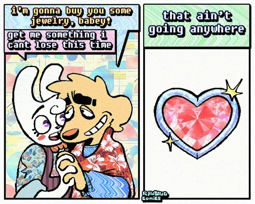 2_panel_comic 5:4 abstract_background aloha_shirt anal anal_sex anthro artist_name bingus_(rawdawgcomics) blush blush_stickers bow_tie buttplug buttplug_in_ass buttplug_insertion canid canine canis clothing comic dialogue digital_media_(artwork) domestic_dog duo english_text eye_contact eyelashes fur gem grin hand_holding jewel_buttplug lagomorph leporid looking_at_another male male/male mammal object_in_ass open_mouth open_smile overalls pattern_clothing pattern_shirt pattern_topwear penetration plug_(sex_toy) plug_insertion purple_eyes rabbit rawdawgcomics rawdawgcomics_(series) sex_toy sex_toy_in_ass sex_toy_insertion shirt smile stahli_(rawdawgcomics) teeth text tooth_gap topwear white_body white_fur yellow_body yellow_fur