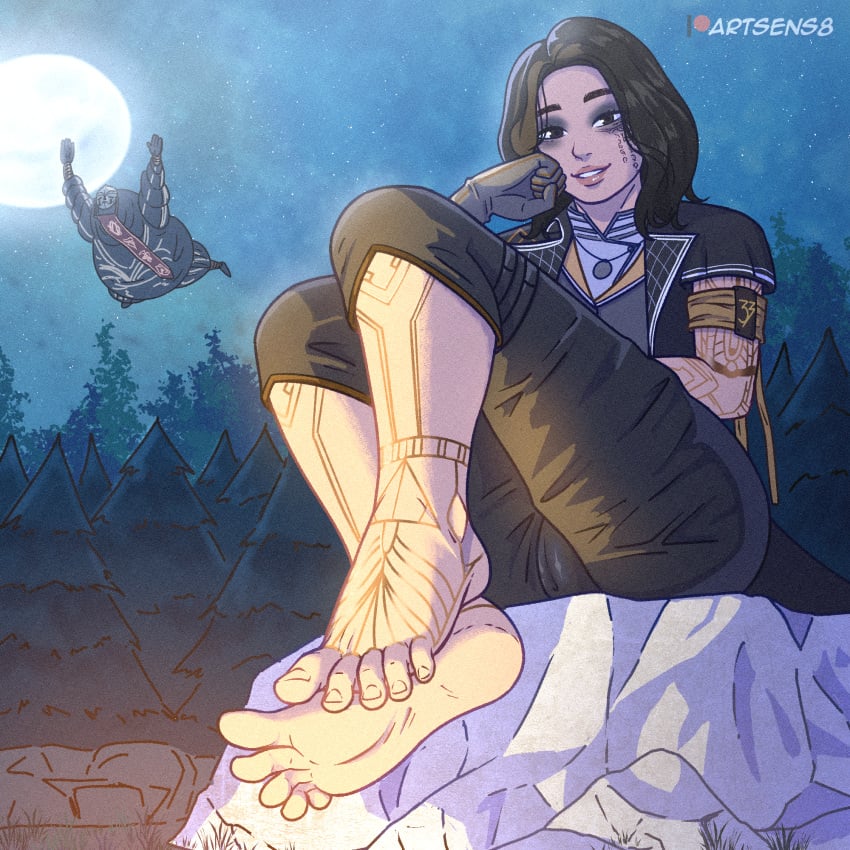 1:1_aspect_ratio 1boy 2d arm_tattoo artsens8 asian asian_female barefoot black_hair brown_eyes brown_gloves brown_hair clair_obscur:_expedition_33 clothing feet female foot_focus forest full_moon gloves high_resolution jewelry large_filesize lips long_hair looking_at_viewer lune_(clair_obscur:_expedition_33) male medium_hair moon nature necklace night night_sky outdoors pants rock sitting sky smile soles solo star_(sky) starry_sky tattoo toes tree