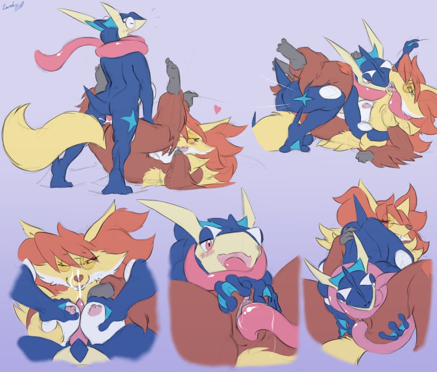 anthro ass blush breasts cum cum_inside cum_on_face delphox eyewear female glasses greninja heart male maya_del_phox missionary nintendo nipples nude oral penetration penis pokemon pokemon_(species) sex straight vaginal_penetration zerofox1000