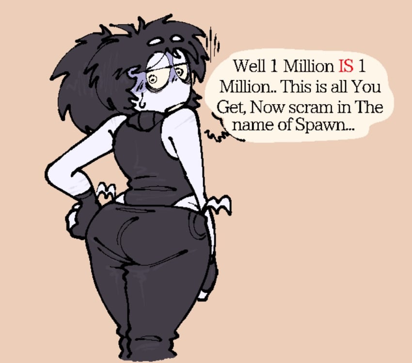 back_view big_butt black_clothing black_hair clothing facing_viewer fingerless_gloves grey_body hairbun jeans messy_hair nervous sweatdrop text text_bubble thick_ass thick_thighs turtleneck two_time_(forsaken) yellow_eyes