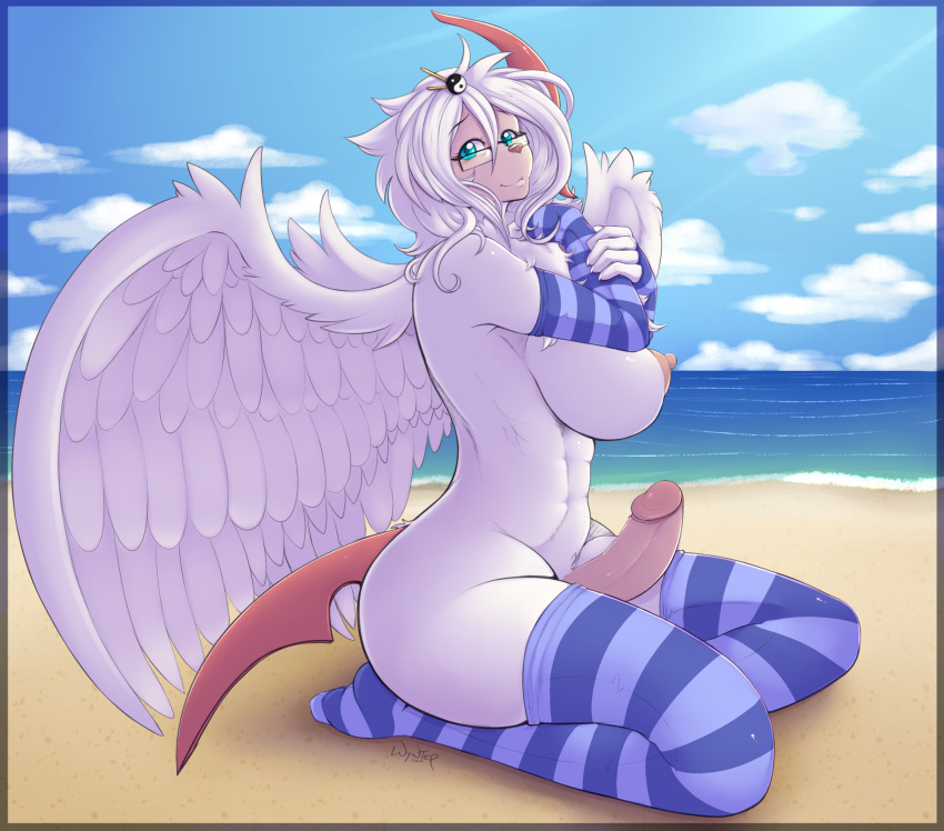 1futa 2015 absol anthro beach big_breasts blue_eyes breasts clothing cloud color dickgirl elbow_gloves erection eyewear futa_only futanari glasses gloves hair intersex kneeling legwear looking_at_viewer mega_absol mega_evolution nintendo nipples outside penis pokemon pokemon_(species) seaside shyama sky smile solo striped striped_legwear stripes thigh_highs video_games white_hair wings wyntersun