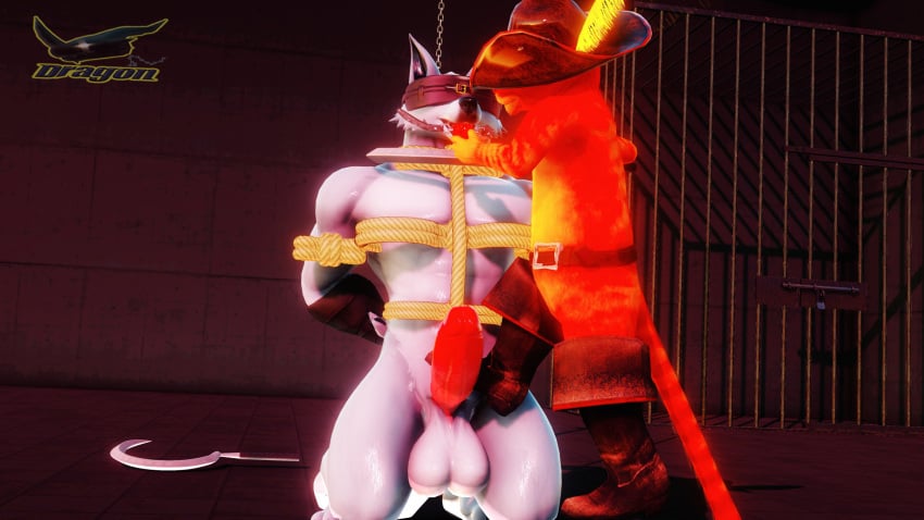 3d_(artwork) anthro arm_wrapping arm_wraps arms_tied ball_gag balls belt blindfold bondage bondage boots bound cage canid canine canis chains clothing death_(puss_in_boots) digital_media_(artwork) discarded_weapon domestic_cat dreamworks duo erection feet felid feline felis foot_fetish foot_on_penis foot_play footwear fur gag gagged genitals grey_body grey_fur hands_behind_back hat headgear headwear helpless hi_res holding_object holding_weapon humanoid_genitalia humanoid_penis inside kneeling knife_play male male/male mammal muscular muscular_anthro muscular_male nude on_ground orange_body orange_fur penis prison_cell prisoner puss_in_boots_(dreamworks) puss_in_boots_(franchise) questionable_consent restrained restrained_arms restraints rope rope_bondage rope_harness shoes sickle size_difference slave small_dom_big_sub smile standing tabby_cat tysondragon watermark weapon wolf wrapped_arms wraps