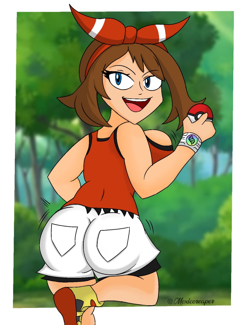 1female ass ass_up big_butt big_thighs curvy curvy_hips huge_ass huge_breasts huge_butt may_(pokemon) shorts