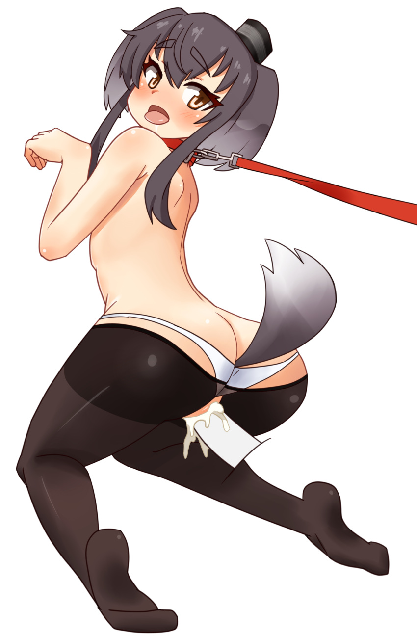 ass back black_hair black_legwear blush brown_eyes collar cum cum_in_pussy dakunesu disembodied_penis dog_collar dog_tail drooling female hat highres kantai_collection leash looking_back open_mouth panties paw_pose penis sex short_hair sidelocks solo tail tied_hair tokitsukaze_(kantai_collection) tongue tongue_out topless twintails underwear white_background white_panties