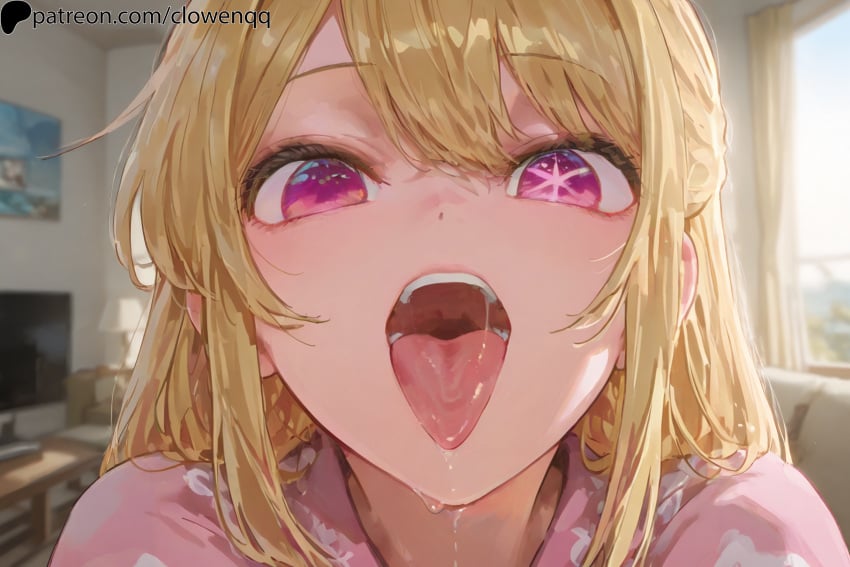 1girls 2d ai_assisted blonde_hair close-up clowenqq female female_focus female_only hoshino_ruby looking_at_viewer mouth open_mouth oshi_no_ko pink_eyes saliva solo solo_female solo_focus tongue tongue_out