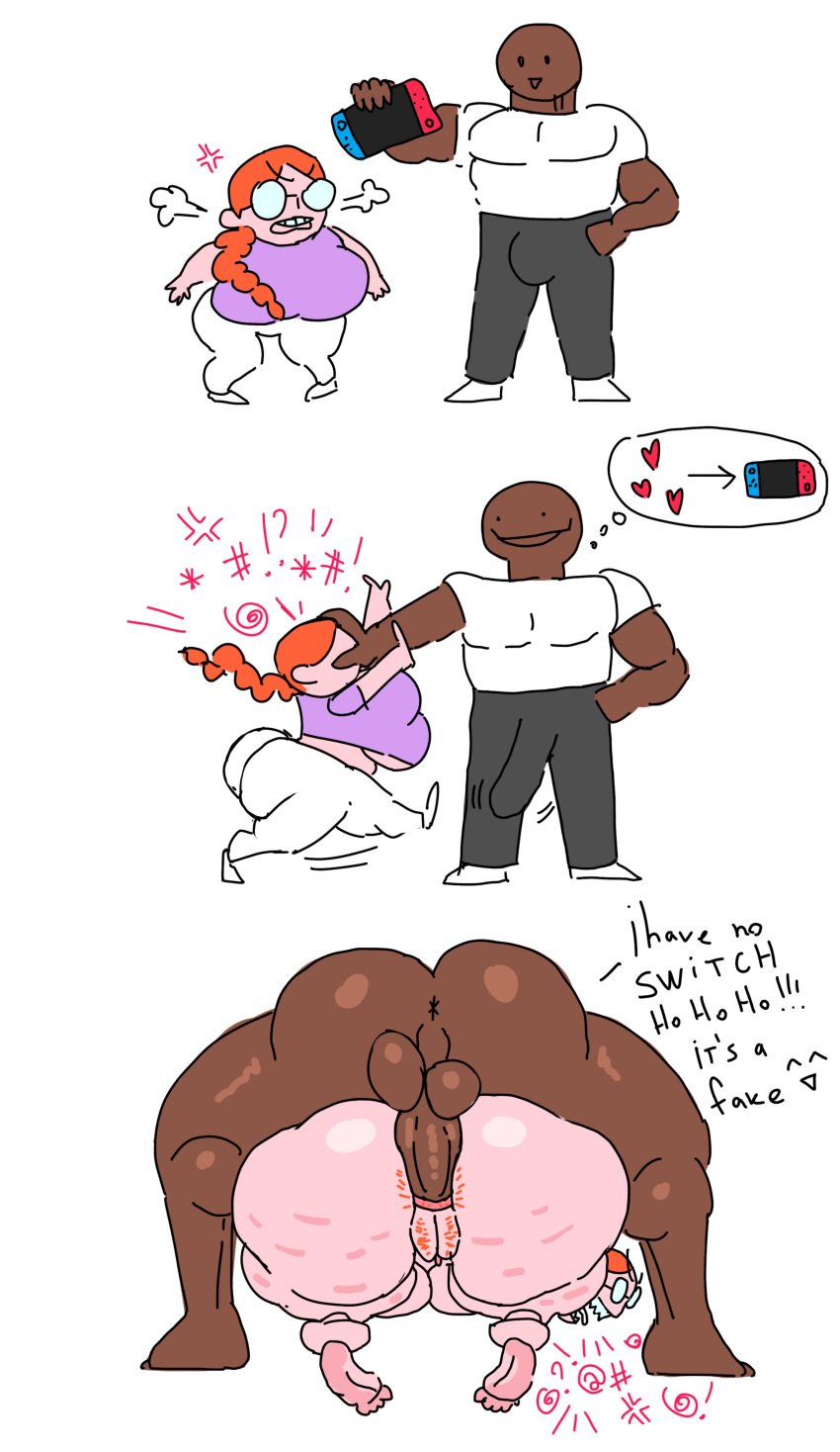 1boy 1girls adama39062 anal anal_sex angry angry_face anus ass ass_bigger_than_head balls big_ass big_balls big_breasts big_butt big_penis breasts breasts_bigger_than_head bubble_butt bulge cellulite clothing comic curvaceous curvy curvy_figure dialogue doggy_style english_text erection erection_under_clothes female fully_clothed ginger glasses hairy_anus hairy_pussy heart huge_ass huge_breasts huge_cock long_hair male nerd nerdy_female nintendo_switch nude penis perineum pubic_hair pussy sally_(adama39062) shortstack text thick_thighs tricked tricked_into_sex voluptuous voluptuous_female white_background wide_hips