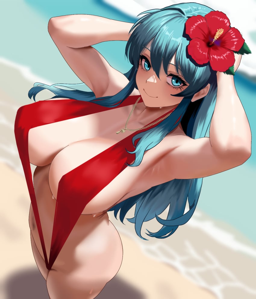 1girls adjusting_hair arms_behind_head arms_up beach bikini blue_eyes blue_hair cleavage eirika_(fire_emblem) fire_emblem fire_emblem:_the_sacred_stones flower flower_in_hair large_breasts looking_at_viewer necklace nintendo one-piece_swimsuit outdoors skeb_commission swimsuit wix3cos