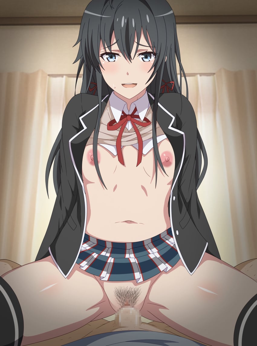 1boy absurdres artist_name black_hair black_jacket black_thighhighs blazer blue_eyes blush breasts brown_cardigan cardigan censored clothed_sex collared_shirt commentary_request commission cowgirl_position curtains english_commentary eufoniuz female female_pubic_hair hair_ribbon highres indoors jacket long_hair looking_at_viewer male mosaic_censoring neck_ribbon nipples open_mouth paid_reward_available penis pixiv_commission plaid_clothes plaid_skirt pleated_skirt pov pubic_hair pussy red_ribbon revision ribbon school_uniform sex shirt sidelocks skirt small_breasts smile sobu_high_school_uniform solo_focus straddling straight teeth thighhighs upper_teeth_only vaginal_penetration white_shirt winter_uniform yahari_ore_no_seishun_lovecome_wa_machigatteiru. yukinoshita_yukino
