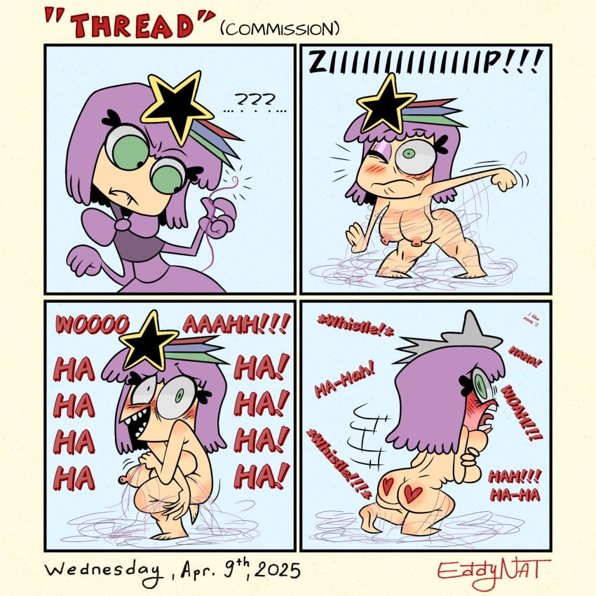 4koma areolae ass barefoot blush breasts comic commission covering covering_breasts covering_crotch covering_self eddy_nat ellie_(eddy_nat) embarrassed embarrassed_nude_female enf english_text feet female female_only full-face_blush green_eyes hair_ornament heart heart_on_butt holding_own_breast humiliation laugh laughing light-skinned_female light_skin naked nervous_smile nipples nude nude_female offscreen_character onomatopoeia purple_hair removing_clothing solo solo_female text thread wardrobe_malfunction
