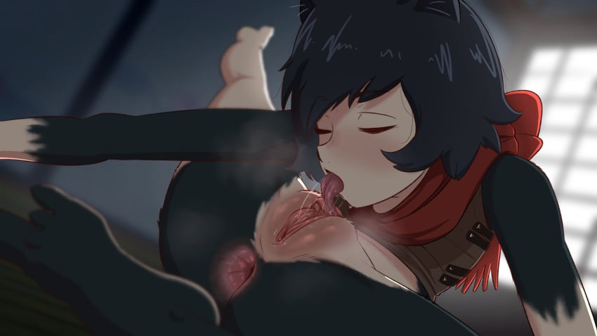 1girls asshole_opened_wide autocunnilingus black_fur black_hair bottomless casual cat_ears cat_tail catgirl cleaning clit clitoral_hood cunnilingus delicious_in_dungeon dungeon_meshi eyes_closed female flexible furry_only greatm8 izutsumi light-skinned_female masturbation presenting presenting_hindquarters pussy pussy_juice self_lick solo solo_female solo_focus tagme wet_pussy