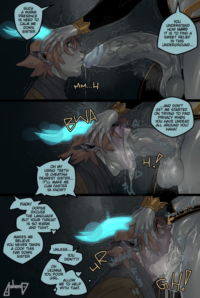 1futa1girl 1girl1futa 2girls 3panels all_the_way_to_the_base ashino_art asphyxiation big_penis blue_horn cheek_bulge crying crying_with_eyes_open deepthroat dialogue dirty_talk drool_string dungeons_and_dragons english_text face_fucking fellatio female female_focus forced_deepthroat forced_oral futa_on_female futa_with_female futadom futanari gilligans_grave hands_on_head horned_humanoid horns huge_cock incest intersex irrumatio just_the_tip kissing kissing_penis large_cock large_penis leunna_(gilligans_grave) looking_at_partner mocking munetheriss_(gilligans_grave) narrowed_eyes nat19 oral oral_insertion oral_penetration oral_rape oral_sex rape saliva_on_penis saliva_string saliva_trail side_view side_view_fellatio spit_bubble throat_abuse throat_bulge throat_fuck throat_noise throat_penetration