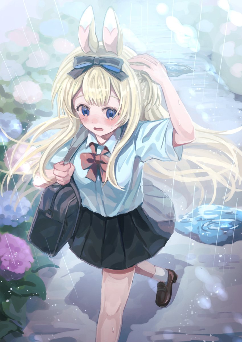 animal_ears bag bangs black_skirt blonde_hair blue_bow blue_eyes blush bow bunny_ears female flower hair_ribbon hairbow hydrangea loafers long_hair open_mouth pleated_skirt rain ribbon school_bag school_uniform shirt shoes skirt socks solo standing very_long_hair vyugen water wet wet_clothes white_legwear yenko