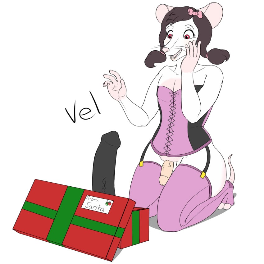 2015 alpha_channel anthro bow brown_hair clothed clothing corset crossdressing dildo dr_zombie fur gift girly hair hi_res kneeling leggings legwear male mammal penis pink_eyes rat red_eyes rodent sex_toy simple_background smile solo stockings tied_hair transparent_background twintails vel whiskers white_fur white_sclera